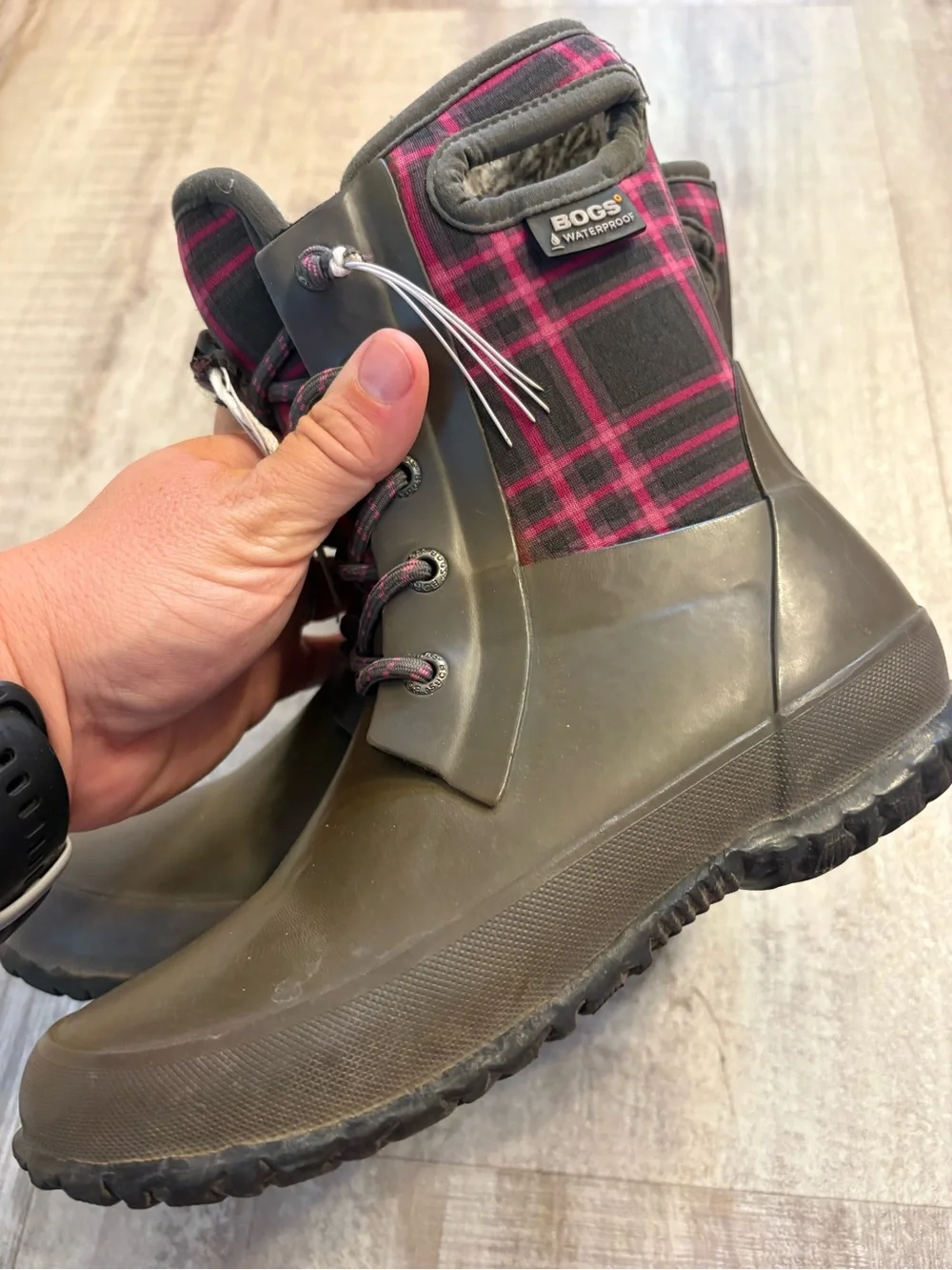 Bogs Gray Pink Amanda Plaid Boots 1
